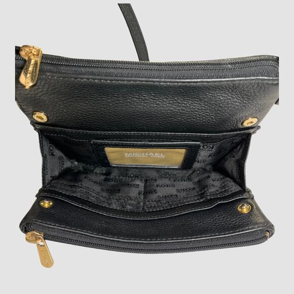 Michael Kors Jet Set Travel Crossbody Black Pebbled Leather Gold MK Logo - Picture 4 of 13